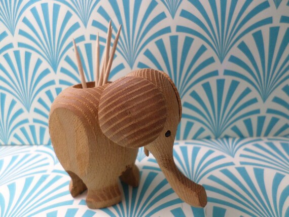 Vintage 60's carved wood Mid-Century Modern elephant toothpick holder
