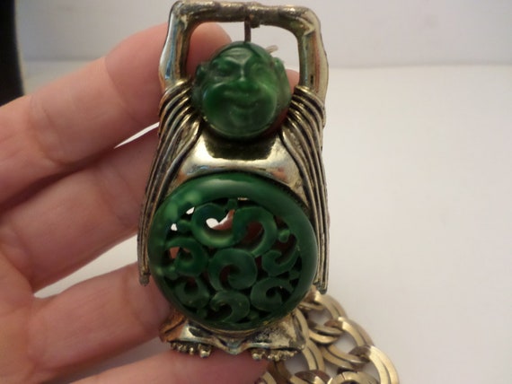 Vintage 60's Gold Crown Inc necklace laughing Buddah faux Jade