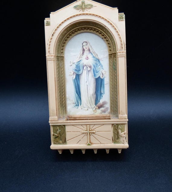 Vintage Virgin Mary Holy Water Font, Celluloid Plastic, 1950s