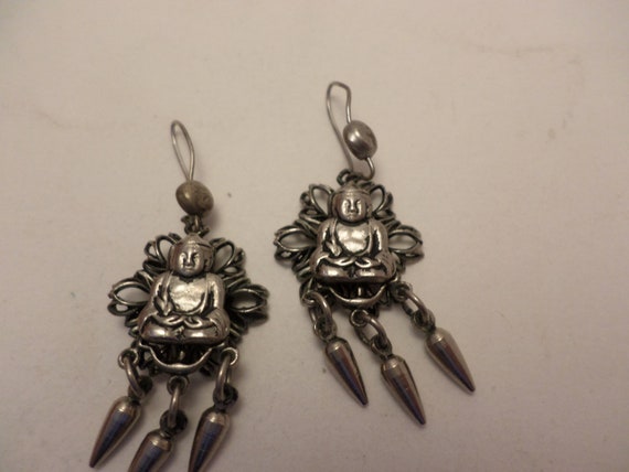 vintage 50's Buddah dangle earrings Bohemian silver tone