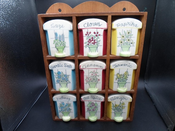 Vintage Herbal Spice Rack with Herb Painted Ceramic Jars Absolutely Adorable Hard to Find MC
