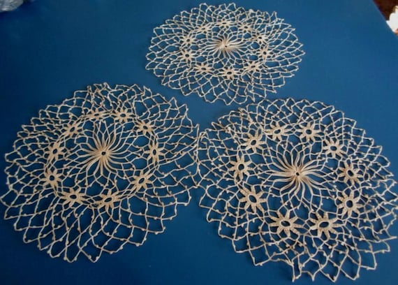 Antique Vintage Crocheted 3 Hand Knotted Doily Placemat Dresser Set