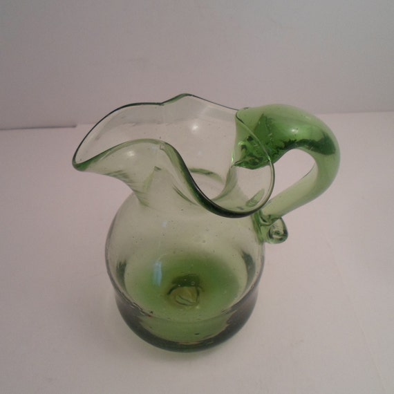 Vintage Hand blown Green Art Glass Pitcher Crimped Top Pontil Mark Applied Handle Tiny bubbles Charming organic color 5"