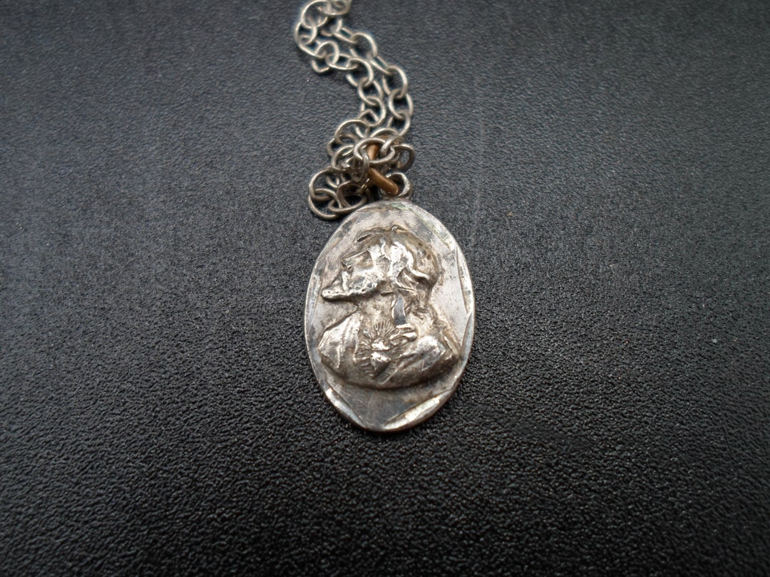Vintage Sterling Silver Sacred Heart Medal - Jesus & Madonna 24" Chain ...