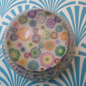 vintage 70's glass dome covered needlepoint paperweight fun colors