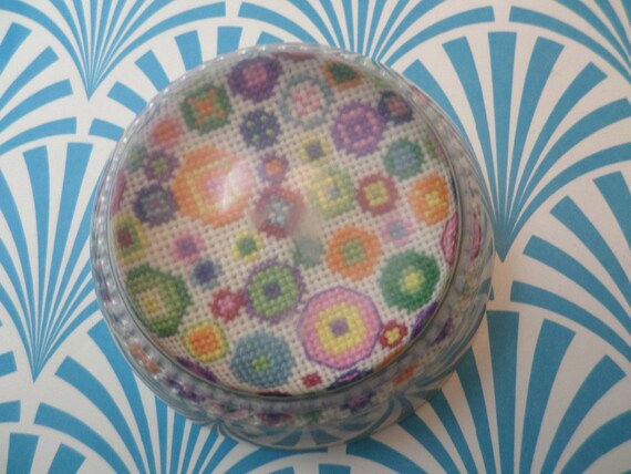 vintage 70's glass dome covered needlepoint paperweight fun colors