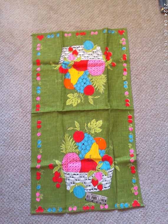 New never used 50's vintage pure linen tea towel vibrant fruit basket Parisian prints