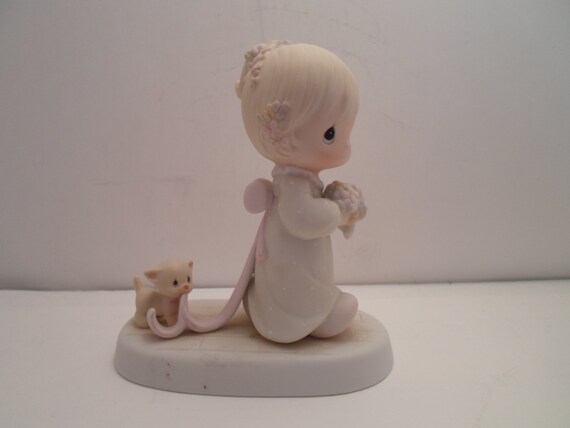 Vintage Precious Moments Figure Wedding Flower Girl and Kitty Cat Sharing Our Joy Together 1983 Samuel Butcher Artist