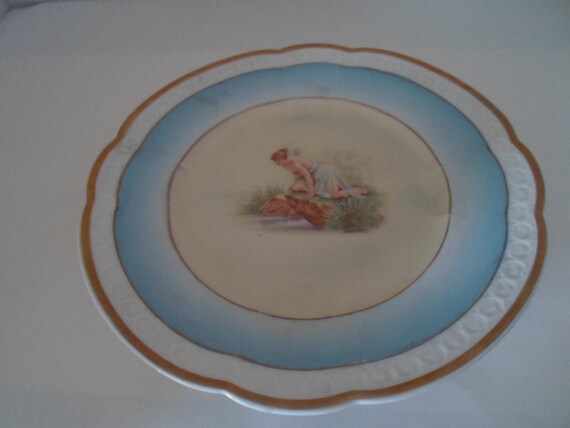 Antique Mythical Pixie Woman at Lake Bavarian Plate Winged Woman Scant Flowing Robe Dress Rare Marked Crossed Swords and Crown Hand Painted