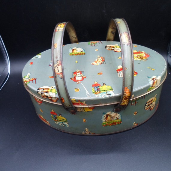 Vintage Metal Tin  Lunch Pail Box Litho Adorable Print Candy Tin Handled Oval Lidded So Cute 1950's Great Color of the Era.