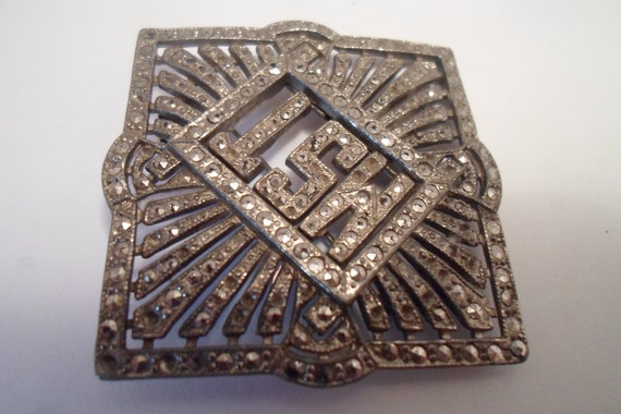 Vintage Art Deco Marcasite Pin Large 4 Corner Des… - image 4