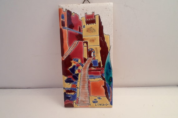 Lindos Keramic Tile Vintage Folk Art Archaeolgical site Stunning Colors and Glaze Wall Hanger Mid Century Chic Hand Made and Painted