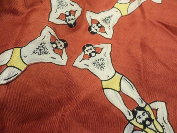 Vintage silk neckscarf strong man circus acrobats retro carnival