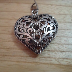 Vintage Heart Pendant Sterling Silver Puffy Pierced Filigreed 1980&#39;s