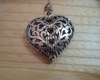 Vintage Heart Pendant Sterling Silver Puffy Pierced Filigreed 1980's