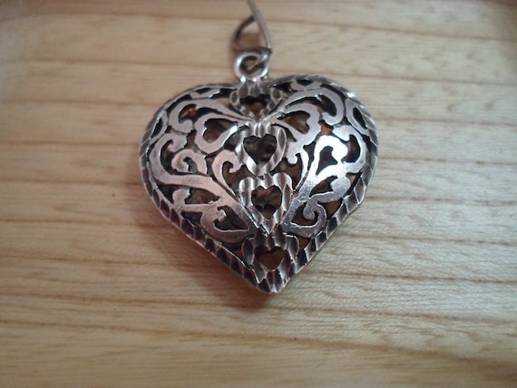 Vintage Heart Pendant Sterling Silver Puffy Pierced Filigreed 1980's