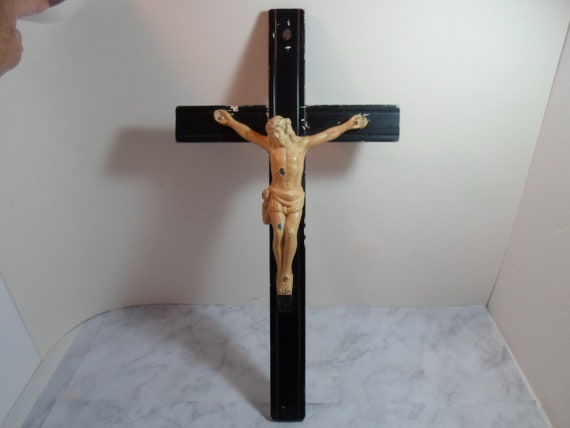 Vintage Crucifix Antique Plaster on Wood Heavy Metal Figure of Christ Convent Cross 1920's As Is