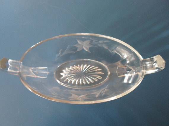 Vintage Antique Etched Olive Relish Candy Bowl with Handles Age of Innocence Era Elegant