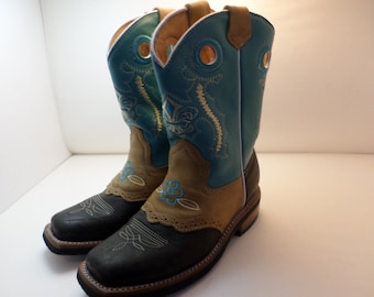 vintage 00's girls cowboy boots sz 13 girls US boot's Rada fleur de lis  turquoise brown