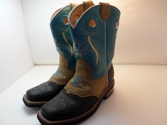 vintage 00's girls cowboy boots sz 13 girls US boot's Rada fleur de lis  turquoise brown