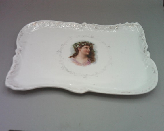 Antique Portrait Vanity Dresser Tray Woman with Holly Wreath in Hair