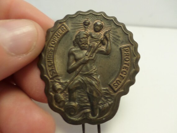 Vintage St. Christopher badge heavy duty for visor, peacoat or uniform 2 pronged protect us travelers saint