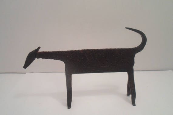 Vintage Iron Egyptian Dog Animal outsider art folk art signed body Prehistoric look Industrial Animal