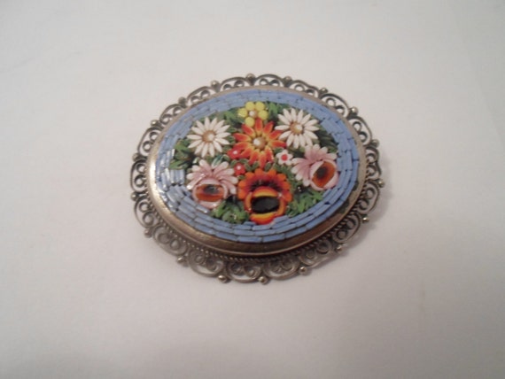 Vintage Mosaic Italian Brooch Pin Daisies Roses Sky Blue Silver plate Filigree
