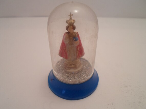 Vintage 1970's Mini Dome Infant of Prague Statue Icon Catholic Spiritual Infant Jesus of Prague France
