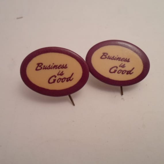 Vintage 2 Pin Back Advertising Buttons Business is Good Panama Beaver Typewriter Luster Inked Ribbions Very Cute