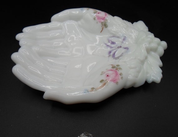 Vintage Westmorland Milk Glass Hand Dish Hand painted Large 7.50 l"x 6"w x 1.75"h Calling Cards Trinkets