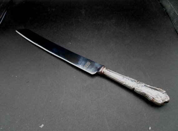 Sterling Silver Cake Knife Sheffield  Serrated Blade 12" long Engraved with Hebrew Letters. Signed Sterling