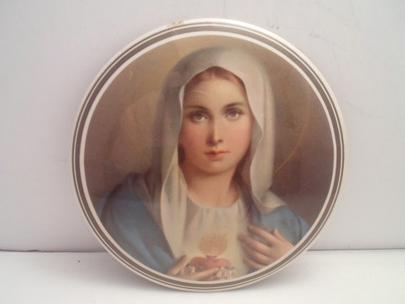 Vintage Art Deco Sacred Heart of Mary Round Celluloid Plaque Hang or Table Top Goth Flaming Heart Beautiful Spiritual Sepia Tone