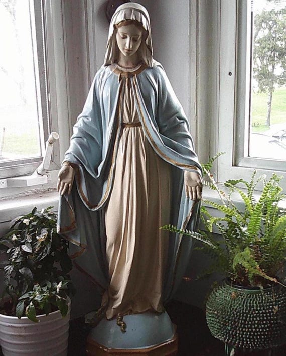 Vintage Antique Our Lady of Grace Virgin Mary 24-inch Statue Columbia Statuary Signed Convent Find as found