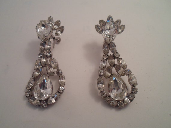 Vintage Rhinestone Chandelier Earrings Hollywood Pageant Bridal 1950's Era Screw Back 3"l x 1"w