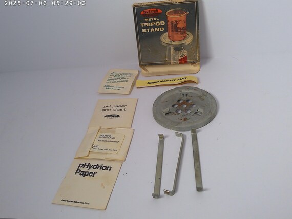 Vintage 60's Chemistry Stuff Metal Tripod Stand, pHydrion Paper, Chromatography paper+