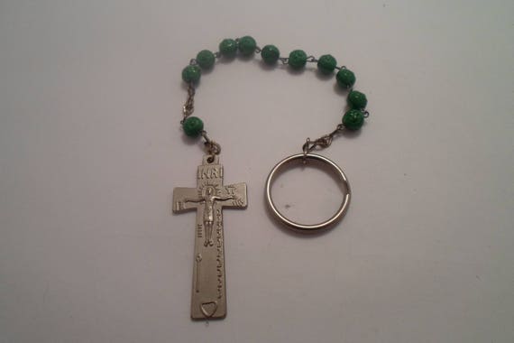 Vintage Celtic Irish Rosary Key Chain Pressed Embossed Green Glass Clover Beads Symbolized Cross Use or Repurpose Catholic Christian