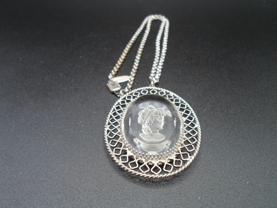 Vintage Cut Crystal Cameo Necklace Whiting and Davis Signed 1960's