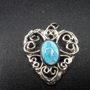 Vintage Blue Enamel Miraculous Mini Medal Set in Scrolled Silver tone  Heart Blessed Virgin Mary 1980&#39;s