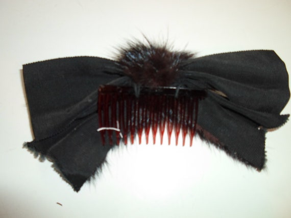 Vintage Hair Comb Accent Bow 1960's Fur and Ribbon 7"