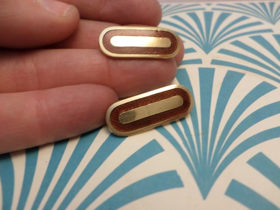 interesting unisex vintage art deco enameled guilloche double pin set ovals gold brown