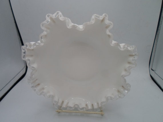 Vintage White Milk Glass Bowl: Silver Crest Fluted Edge, 8" Wide