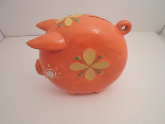 Vintage Orange Piggy Bank Yellow Daisy 60's/70's Made in Japan Ceramic Mid Century Mod