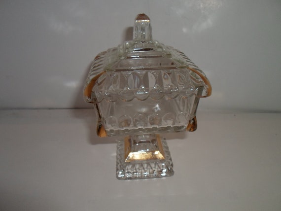 Vintage Antique American Pattern Glass Pedestal Covered Candy/Stash Dish with Gold Leaf Mini Size Adorable 8"