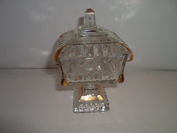 American Pattern Glass Pedestal Covered Candy Dish with Gold Leaf Mini Size Adorable 8"