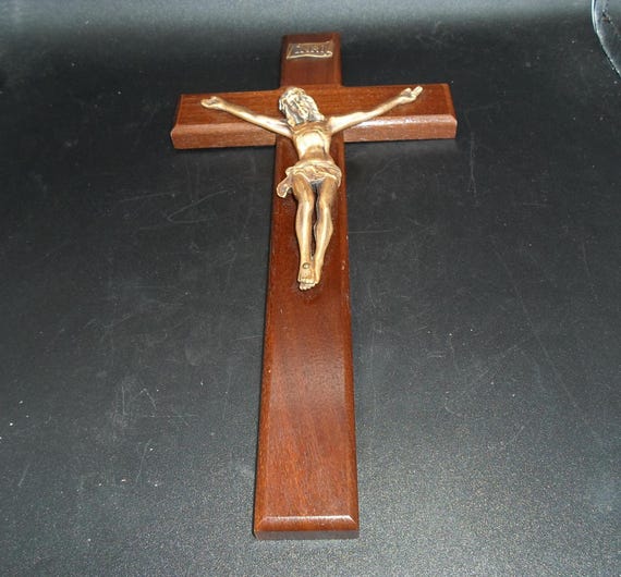 Vintage Mahogany Crucifix with Polished Brass Figure, INRI