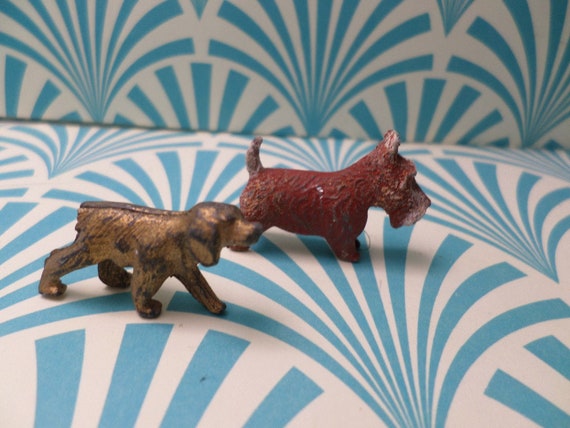 2 small metal dog figurines from the 1040's-50's era Scottie terrier die cast tin and  lead hound Antique toy charms