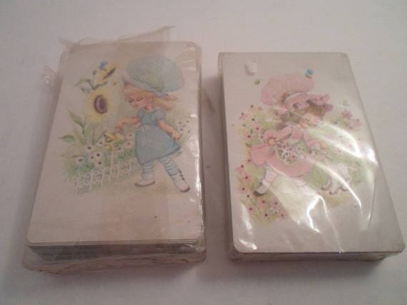 Vintage Prairie Holly Hobby Style 2 Decks of Playing Cards Blue Blonde and Pink Brunette Holly Style Figures 1970's