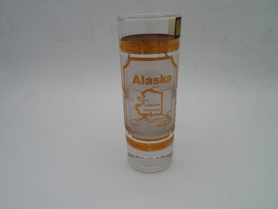 Vintage Double Shot Glass Culver Glass 22k Gold Souvenir Ketchikan Alaska Signed 4" Has paper label