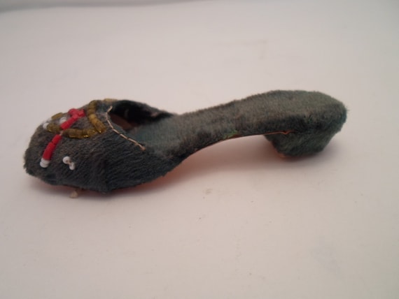 Vintage Antique Minature Velvet Victorian Hand Beaded Souvenior Slipper Shoe Adorable